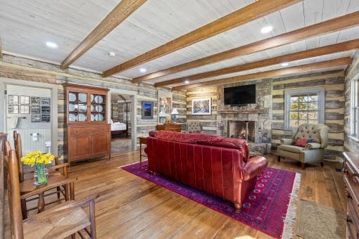 Dove Cabin interior — stone fireplace and living room